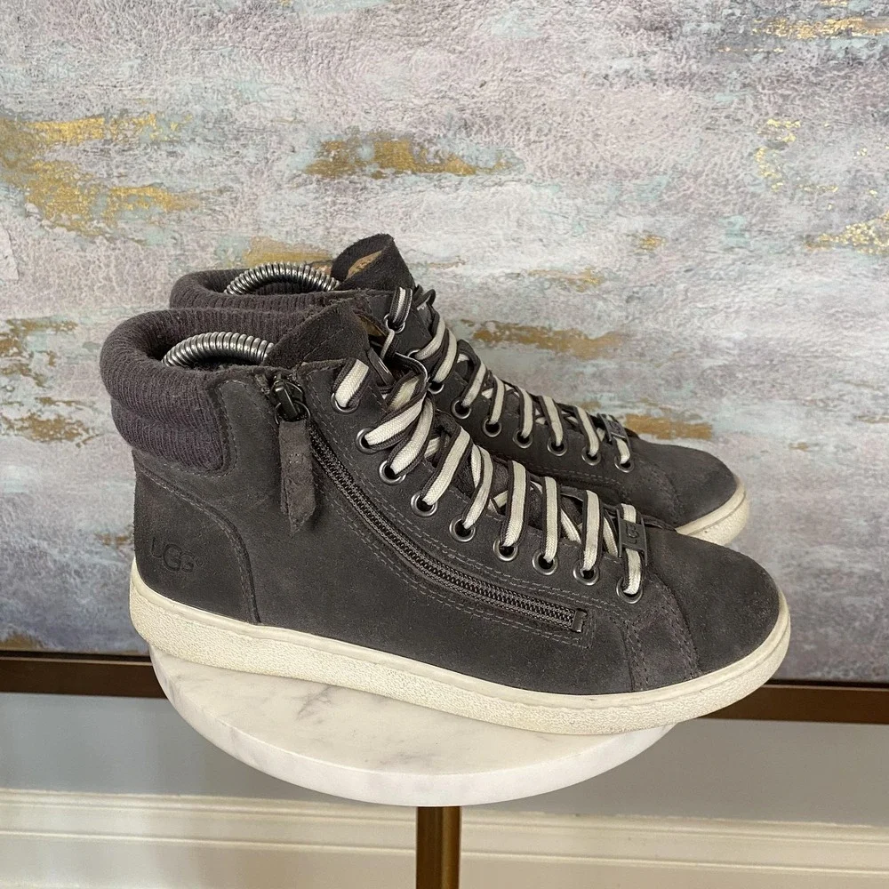UGG Shoes Womens Size 7 Gray Suede High Top Sneakers Zipper Lace Up 1094789